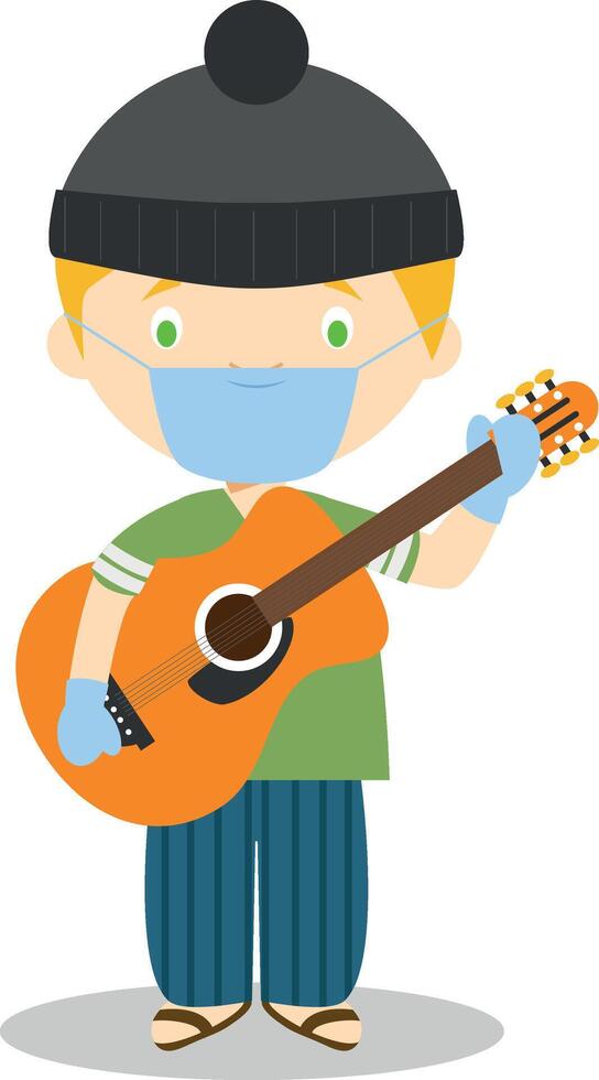 Cute cartoon illustration of a musician with surgical mask and latex gloves as protection against a health emergency vector