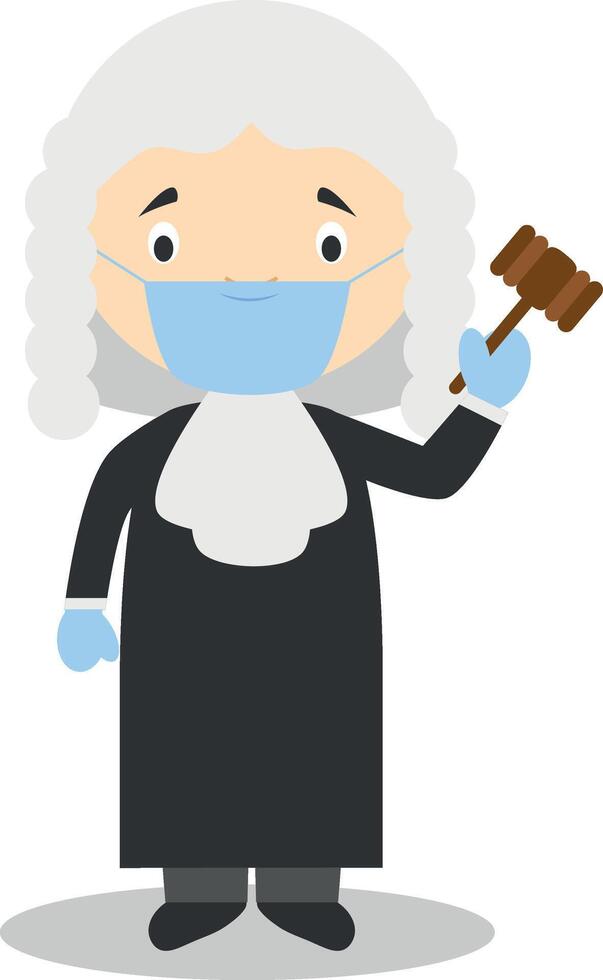 Cute cartoon illustration of a judge with surgical mask and latex gloves as protection against a health emergency vector