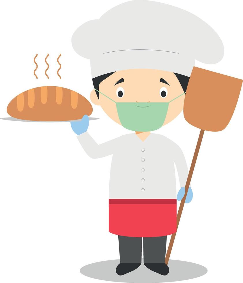Cute cartoon illustration of a baker with surgical mask and latex gloves as protection against a health emergency vector