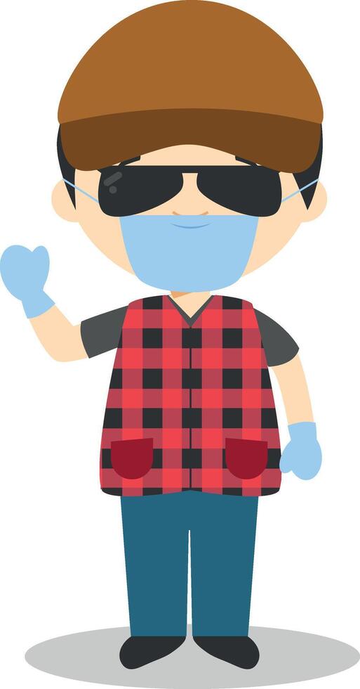 Cute cartoon illustration of a trucker with surgical mask and latex gloves as protection against a health emergency vector