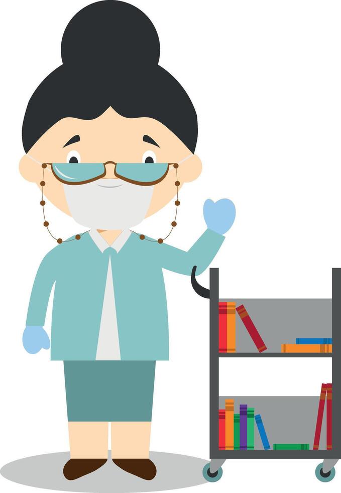 Cute cartoon illustration of a librarian with surgical mask and latex gloves as protection against a health emergency vector