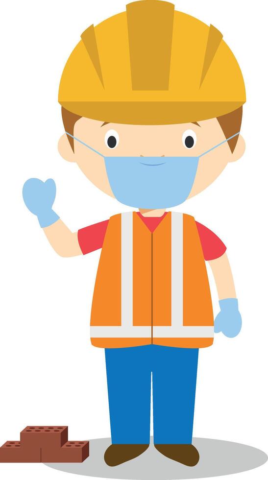Cute cartoon illustration of a builder with surgical mask and latex gloves as protection against a health emergency vector