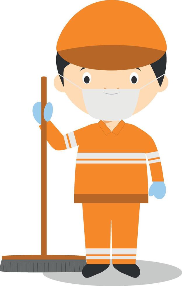 Cute cartoon illustration of a sweeper with surgical mask and latex gloves as protection against a health emergency vector