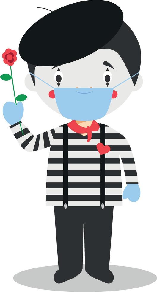 Cute cartoon illustration of a mime with surgical mask and latex gloves as protection against a health emergency vector