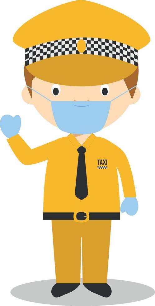 Cute cartoon illustration of a taxi driver with surgical mask and latex gloves as protection against a health emergency vector