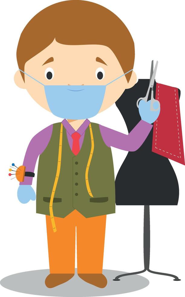 Cute cartoon illustration of a tailor with surgical mask and latex gloves as protection against a health emergency vector