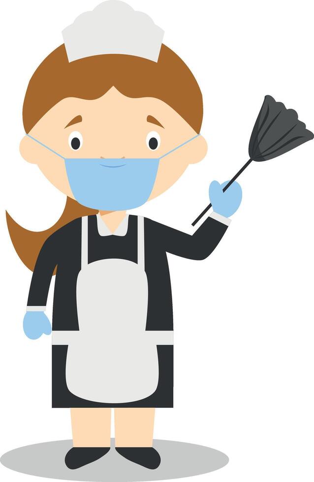 Cute cartoon illustration of a maid or cleaning girl with surgical mask and latex gloves as protection against a health emergency vector