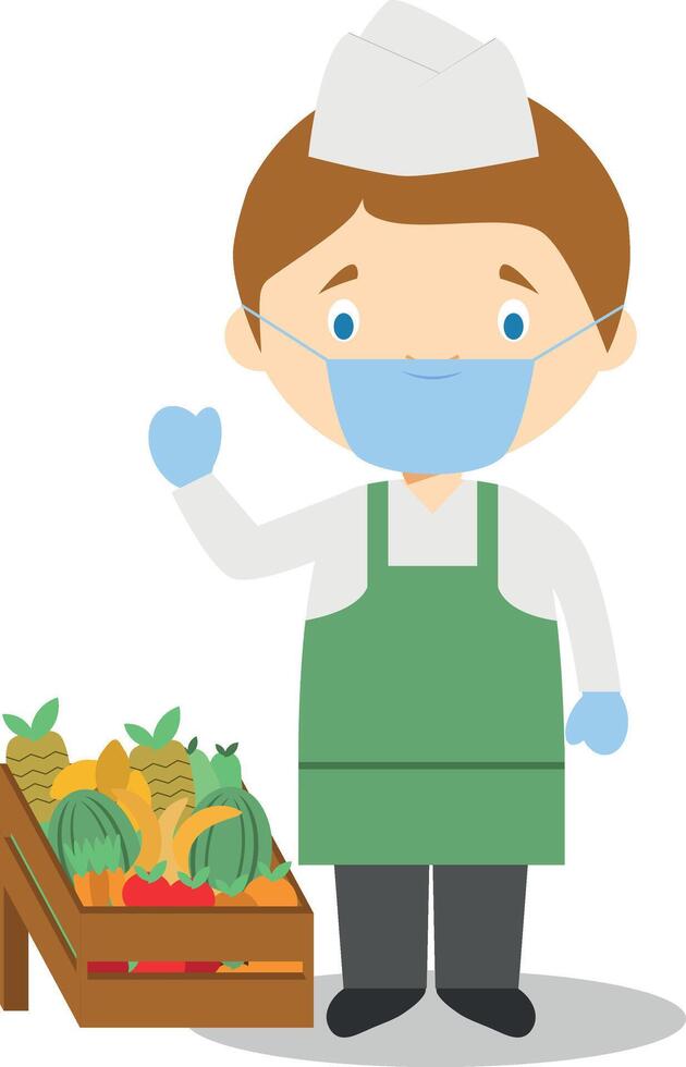Cute cartoon illustration of a fruit seller with surgical mask and latex gloves as protection against a health emergency vector