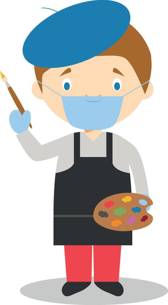 Cute cartoon illustration of an artist with surgical mask and latex gloves as protection against a health emergency vector