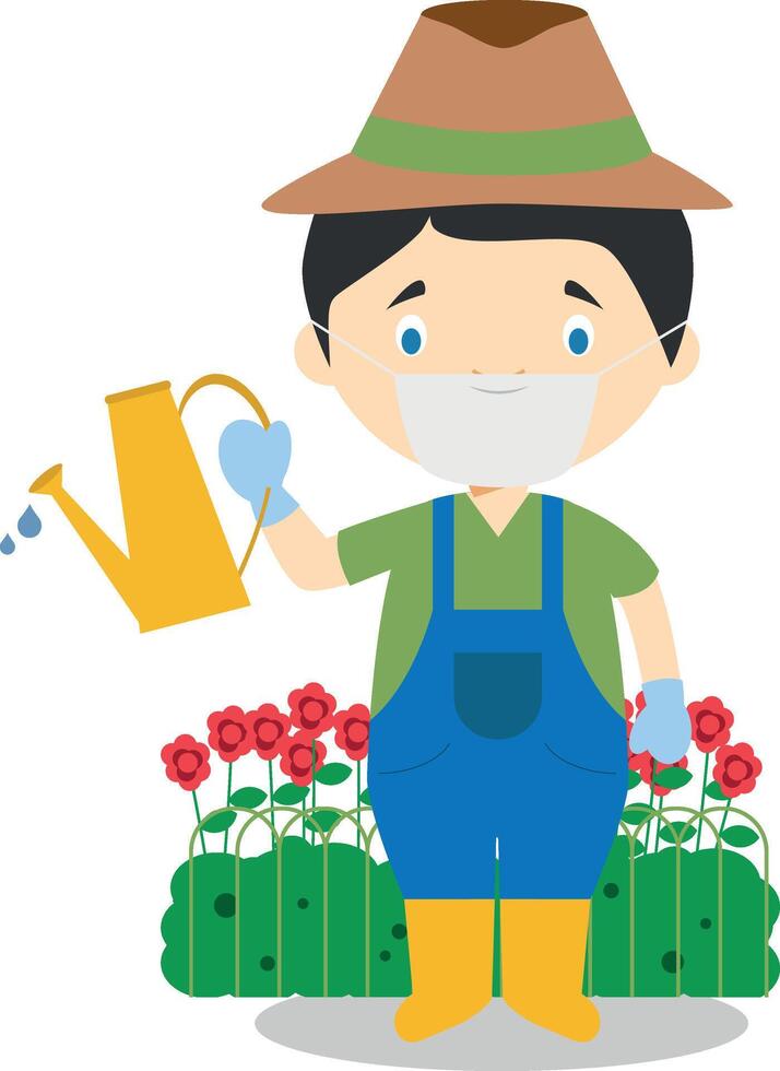 Cute cartoon illustration of a gardener with surgical mask and latex gloves as protection against a health emergency vector