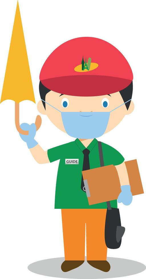 Cute cartoon illustration of a touristic guide with surgical mask and latex gloves as protection against a health emergency vector