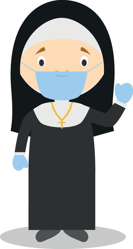 Cute cartoon illustration of a nun with surgical mask and latex gloves as protection against a health emergency vector