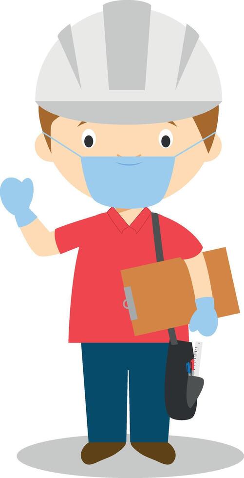 Cute cartoon illustration of an engineer with surgical mask and latex gloves as protection against a health emergency vector