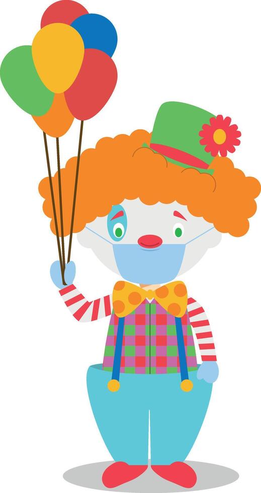 Cute cartoon illustration of a clown with surgical mask and latex gloves as protection against a health emergency vector