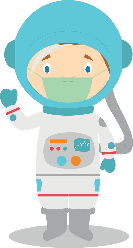 Cute cartoon illustration of an astronaut with surgical mask and latex gloves as protection against a health emergency vector