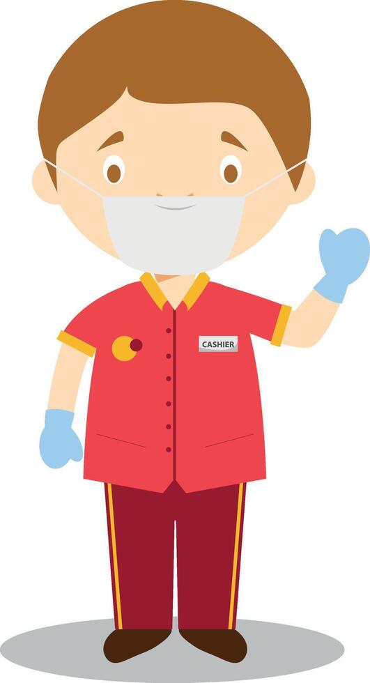 Cute cartoon illustration of a clerk or cashier with surgical mask and latex gloves as protection against a health emergency vector