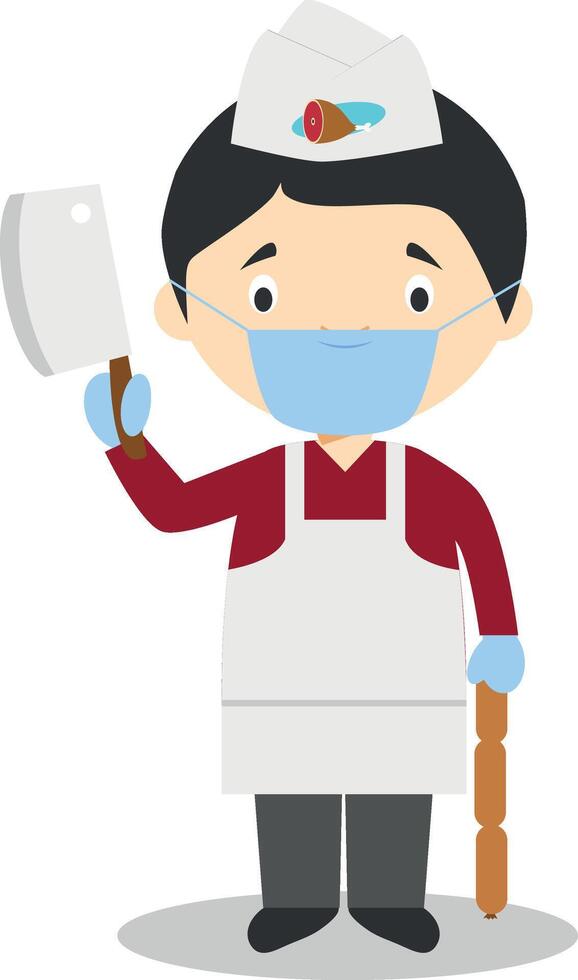 Cute cartoon illustration of a butcher with surgical mask and latex gloves as protection against a health emergency vector