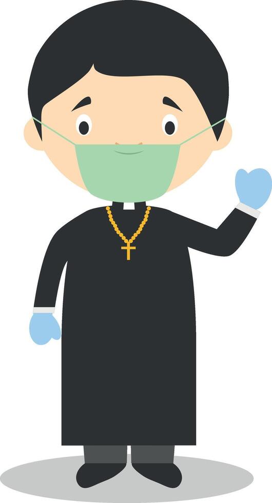 Cute cartoon illustration of a priest with surgical mask and latex gloves as protection against a health emergency vector