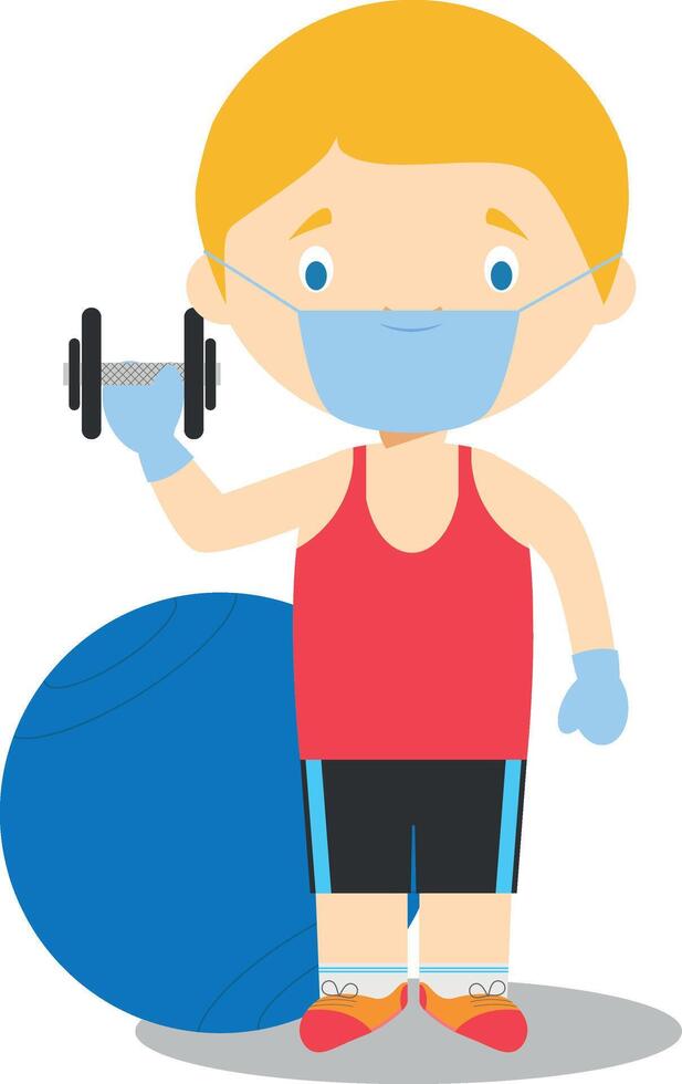 Cute cartoon illustration of a trainer with surgical mask and latex gloves as protection against a health emergency vector