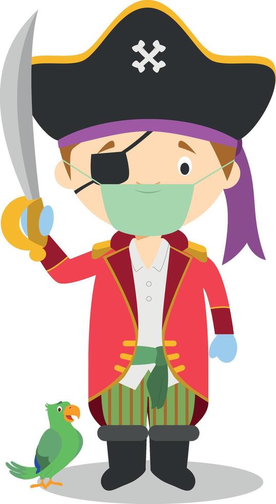 Cute cartoon illustration of a pirate with surgical mask and latex gloves as protection against a health emergency vector