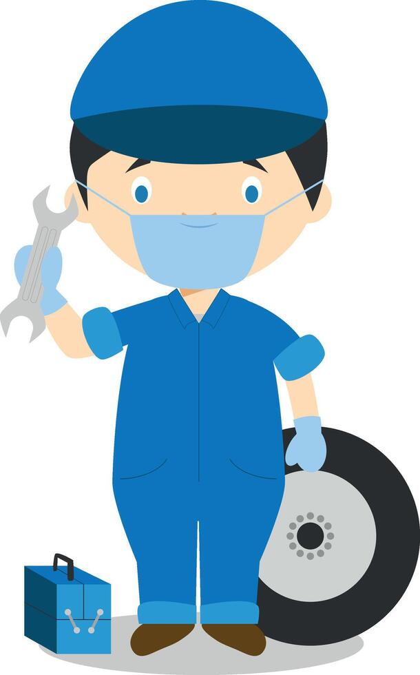 Cute cartoon illustration of a mechanic with surgical mask and latex gloves as protection against a health emergency vector