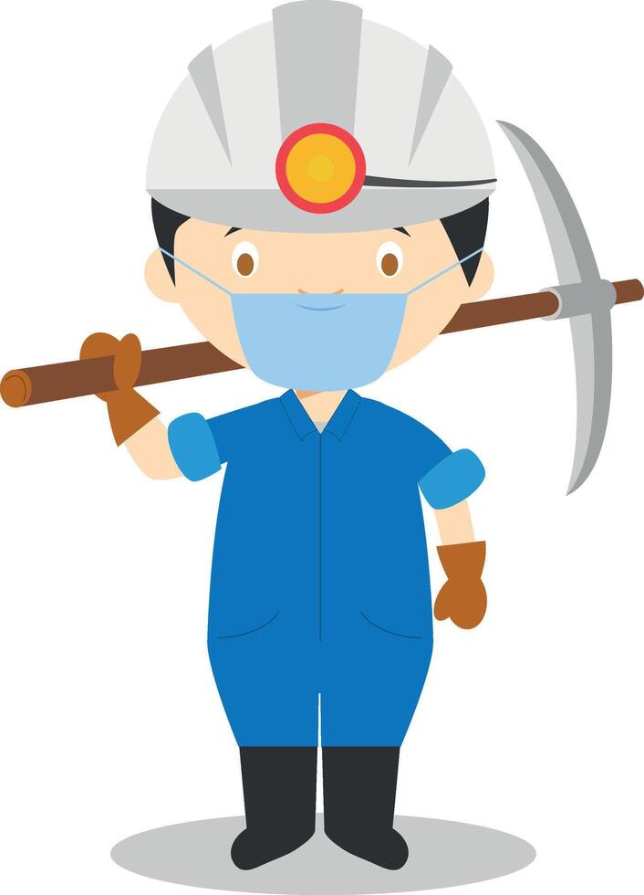 Cute cartoon illustration of a miner with surgical mask and latex gloves as protection against a health emergency vector