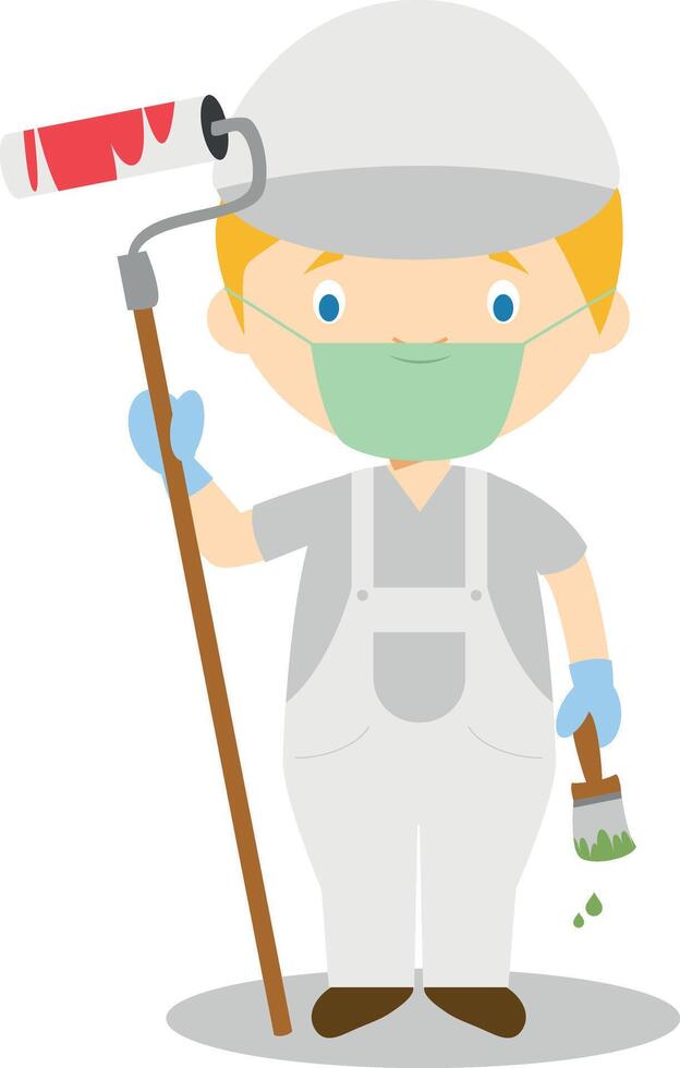 Cute cartoon illustration of a painter with surgical mask and latex gloves as protection against a health emergency vector