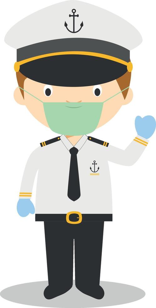 Cute cartoon illustration of a sailor with surgical mask and latex gloves as protection against a health emergency vector
