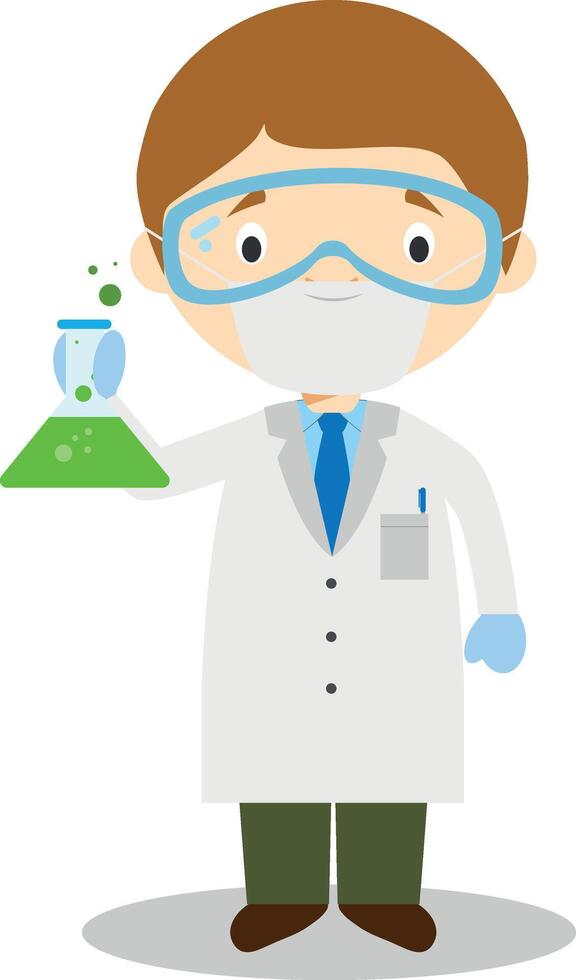 Cute cartoon illustration of a scientist with surgical mask and latex gloves as protection against a health emergency vector