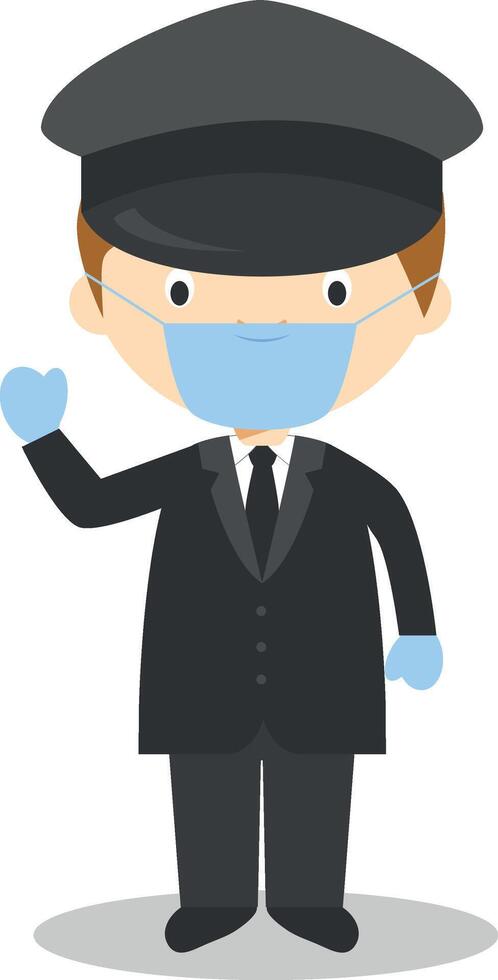 Cute cartoon illustration of a chauffeur with surgical mask and latex gloves as protection against a health emergency vector
