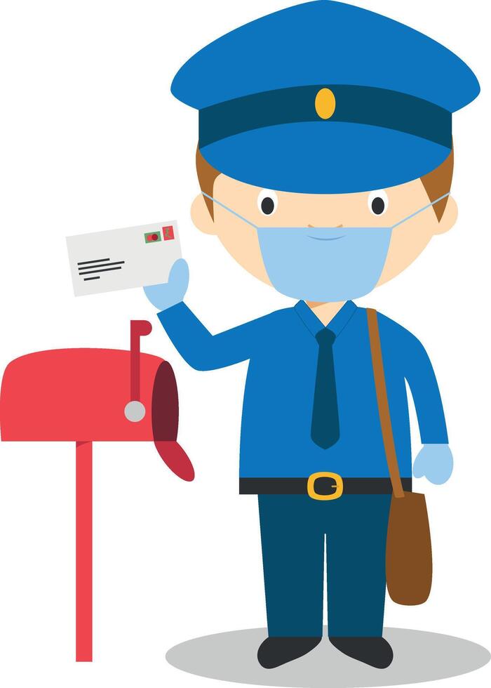 Cute cartoon illustration of a postman with surgical mask and latex gloves as protection against a health emergency vector