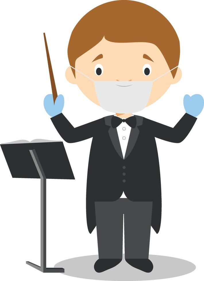 Cute cartoon illustration of an orchestra director with surgical mask and latex gloves as protection against a health emergency vector