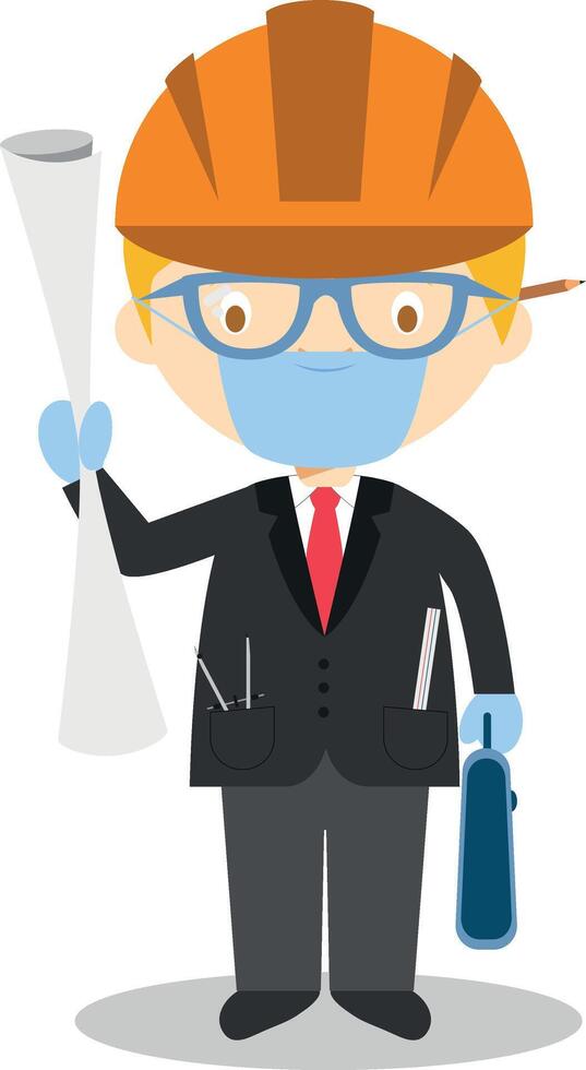 Cute cartoon illustration of an architect with surgical mask and latex gloves as protection against a health emergency vector
