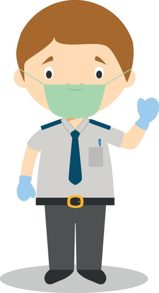 Cute cartoon illustration of a bus driver with surgical mask and latex gloves as protection against a health emergency vector