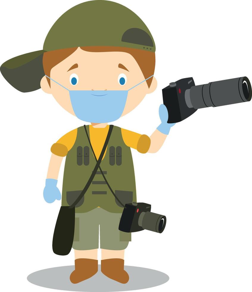 Cute cartoon illustration of a photographer with surgical mask and latex gloves as protection against a health emergency vector