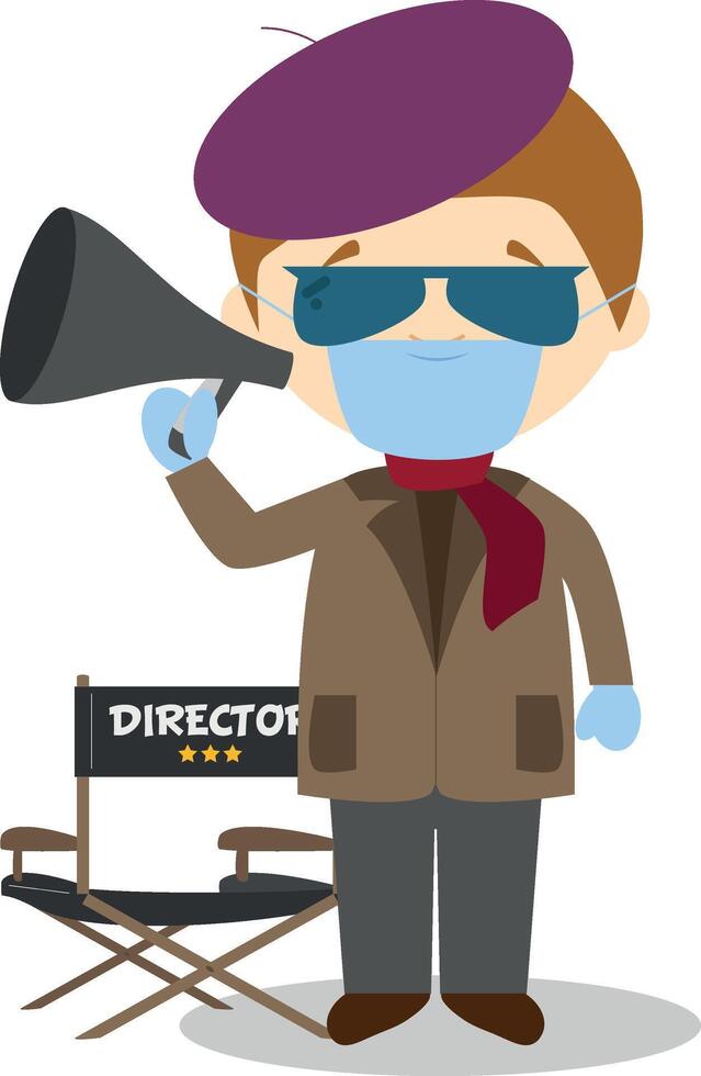 Cute cartoon illustration of a filmmaker with surgical mask and latex gloves as protection against a health emergency vector