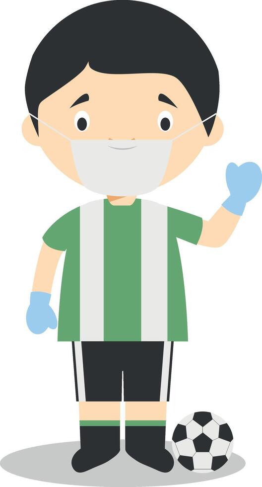 Cute cartoon illustration of a football player with surgical mask and latex gloves as protection against a health emergency vector