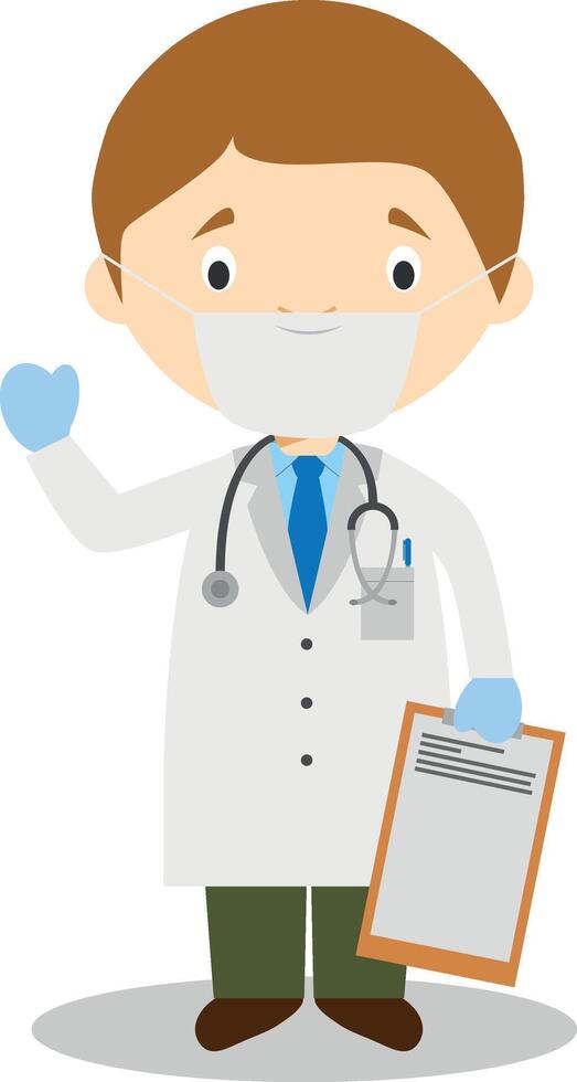 Cute cartoon illustration of a doctor with surgical mask and latex gloves as protection against a health emergency vector