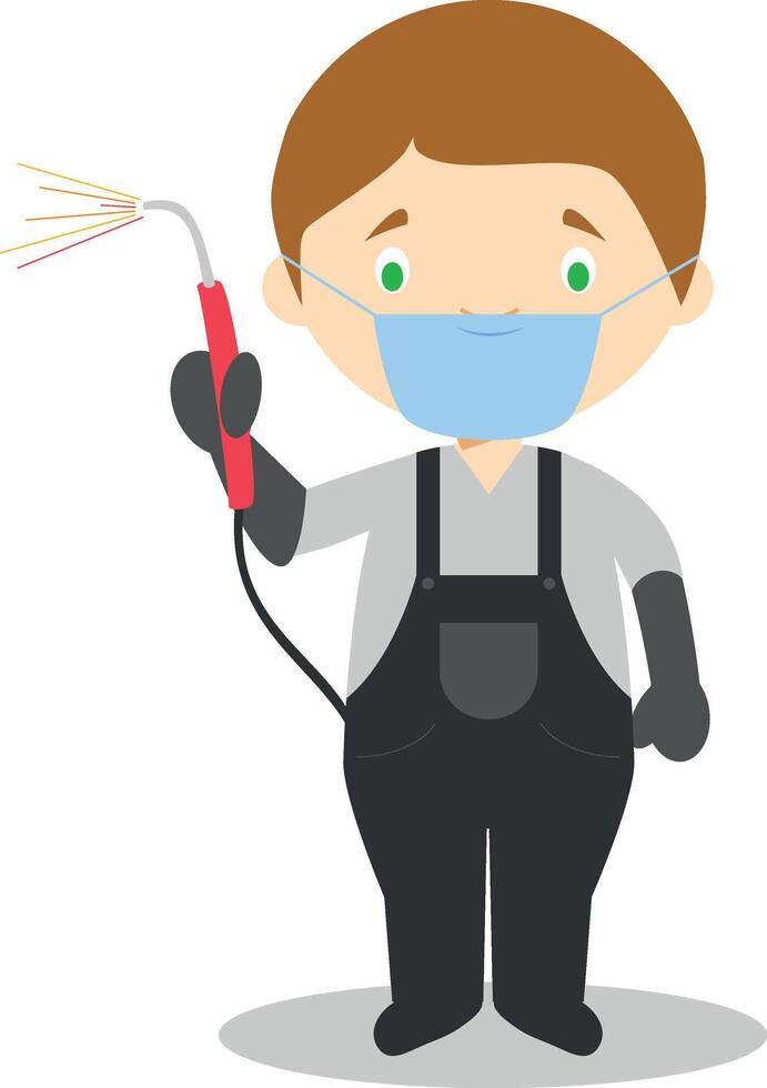 Cute cartoon illustration of a welder with surgical mask and latex gloves as protection against a health emergency vector