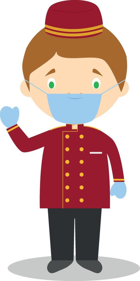 Cute cartoon illustration of a bellboy with surgical mask and latex gloves as protection against a health emergency vector