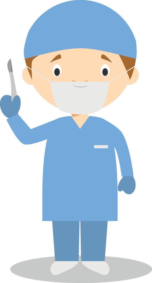 Cute cartoon illustration of a surgeon with surgical mask and latex gloves as protection against a health emergency vector
