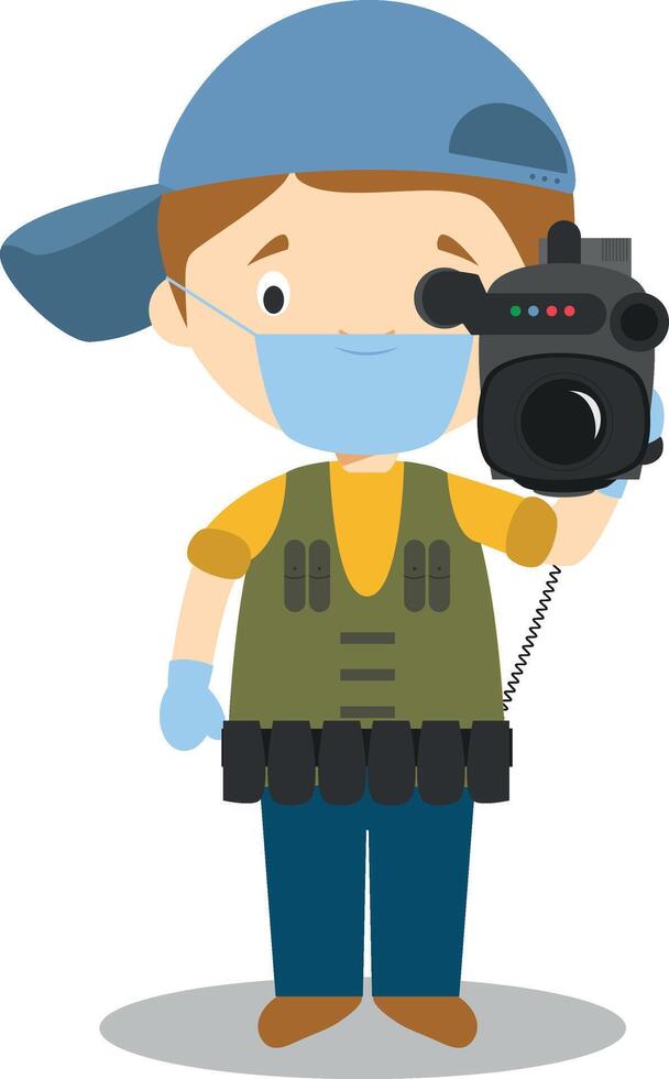 Cute cartoon illustration of a cameraman with surgical mask and latex gloves as protection against a health emergency vector