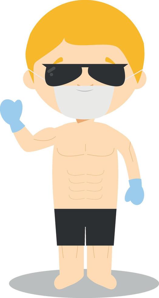 Cute cartoon illustration of a model with surgical mask and latex gloves as protection against a health emergency vector