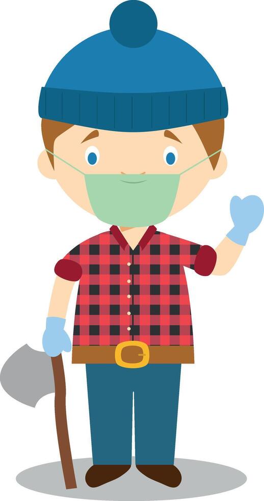 Cute cartoon illustration of a lumberjack with surgical mask and latex gloves as protection against a health emergency vector