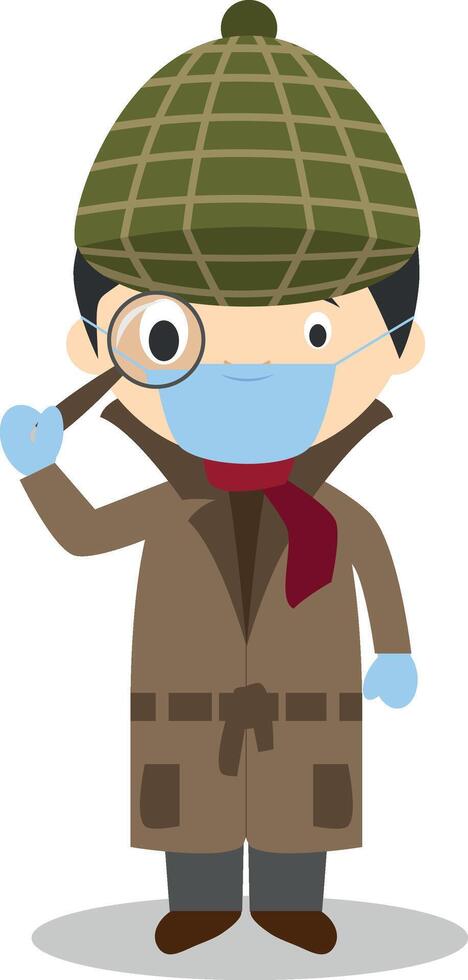 Cute cartoon illustration of a detective with surgical mask and latex gloves as protection against a health emergency vector
