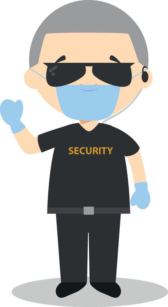 Cute cartoon illustration of a security guard with surgical mask and latex gloves as protection against a health emergency vector