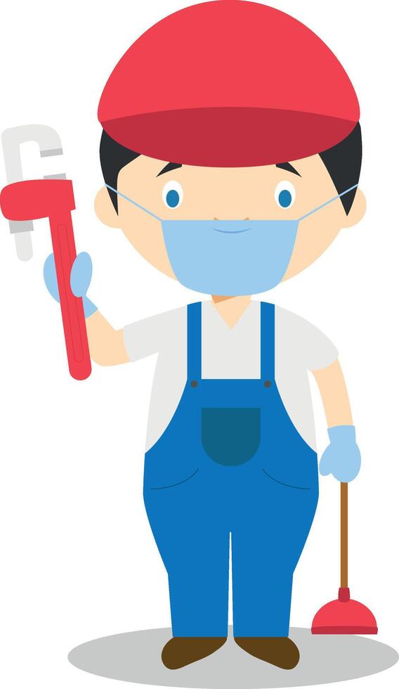 Cute cartoon illustration of a plumber with surgical mask and latex gloves as protection against a health emergency vector