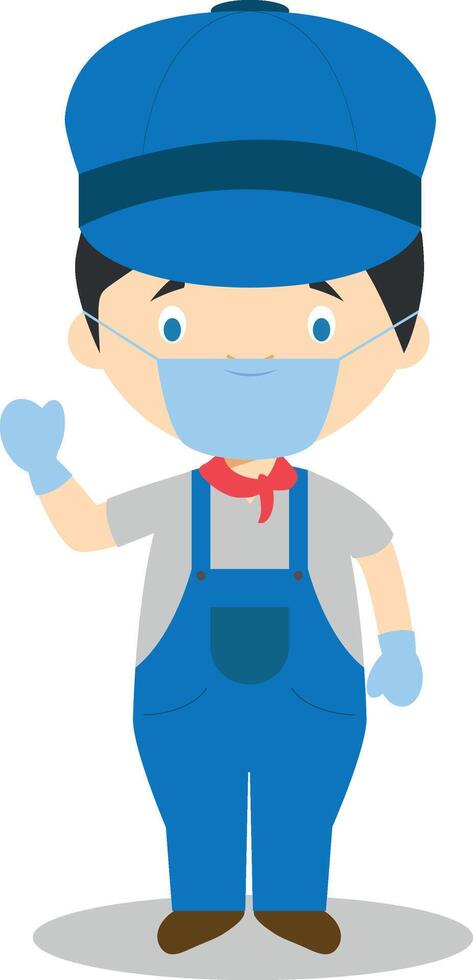 Cute cartoon illustration of an engine with surgical mask and latex gloves as protection against a health emergency vector
