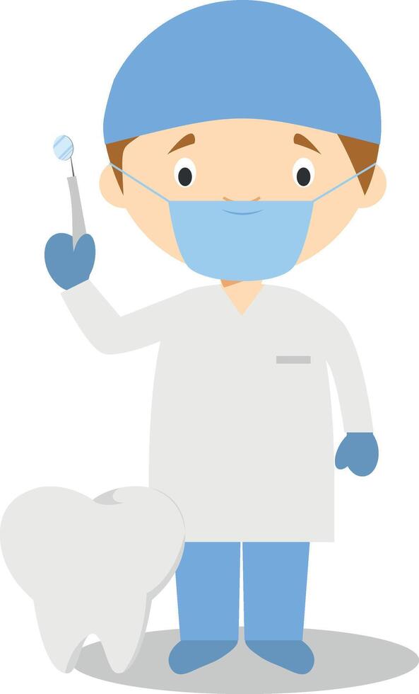 Cute cartoon illustration of a dentist with surgical mask and latex gloves as protection against a health emergency vector