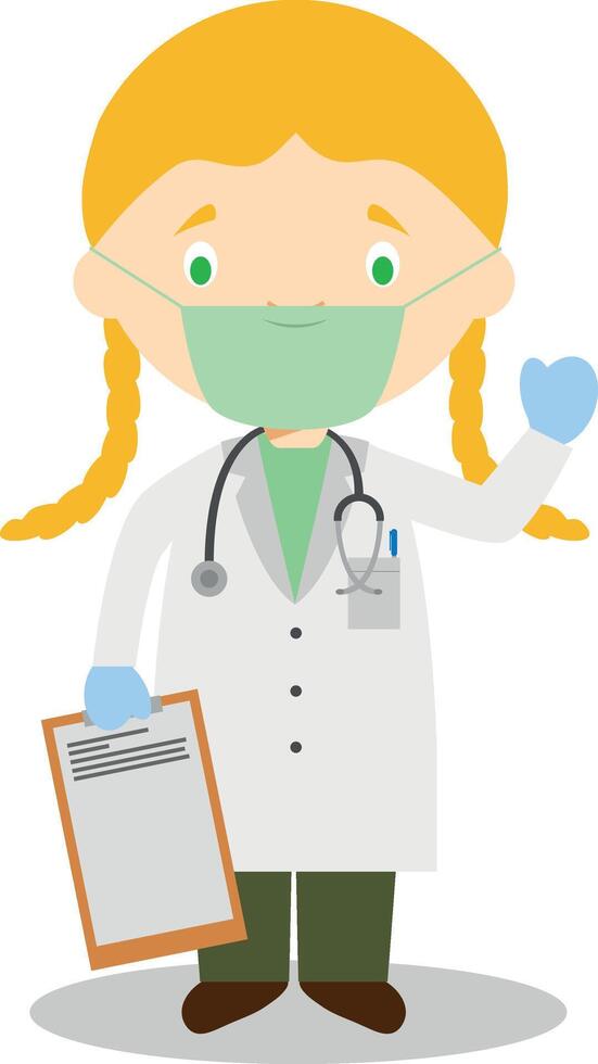 Cute cartoon illustration of a female doctor with surgical mask and latex gloves as protection against a health emergency vector